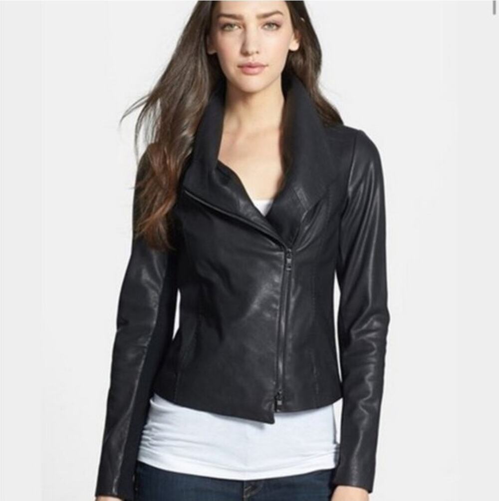 Vince Black Lamb Leather Asymmetrical Scuba Moto Jacket Ribbed Knit Panels Sz M
